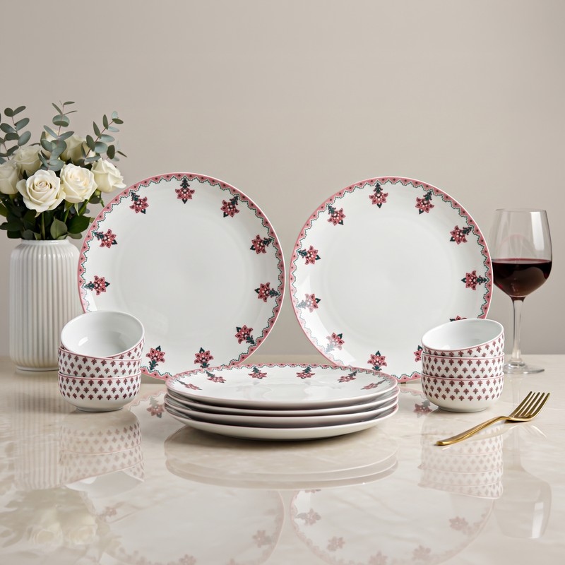 Northleigh Tavo Porcelain Dinner Set (Pink & White) - 12 Piece Set
