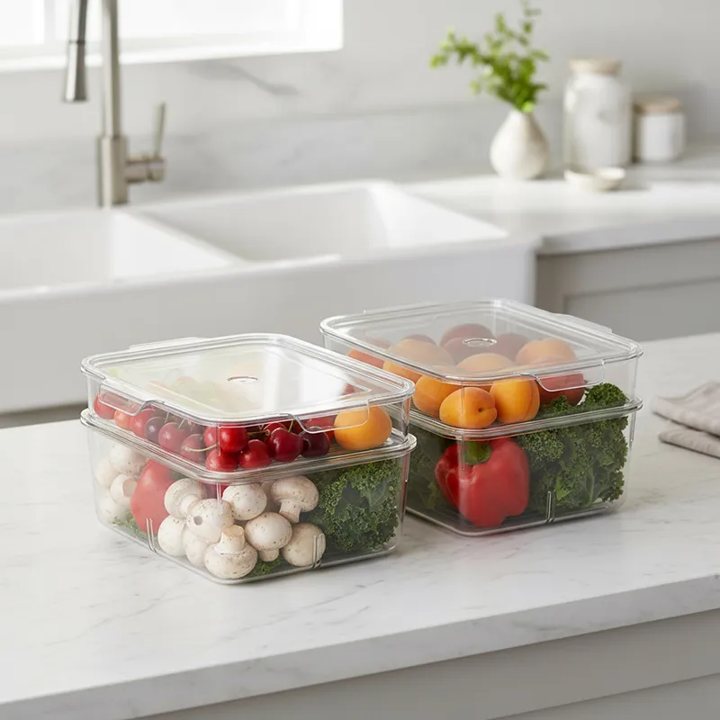 Two pairs of transparent lidded organisers filled with fruits and vegetables.