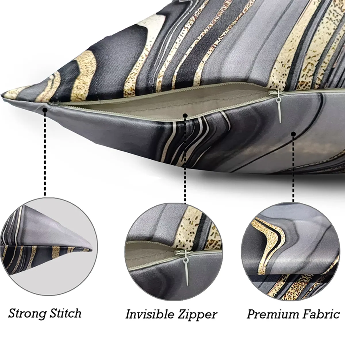 Close-up of the cushion cover's zip closure and marbled pattern