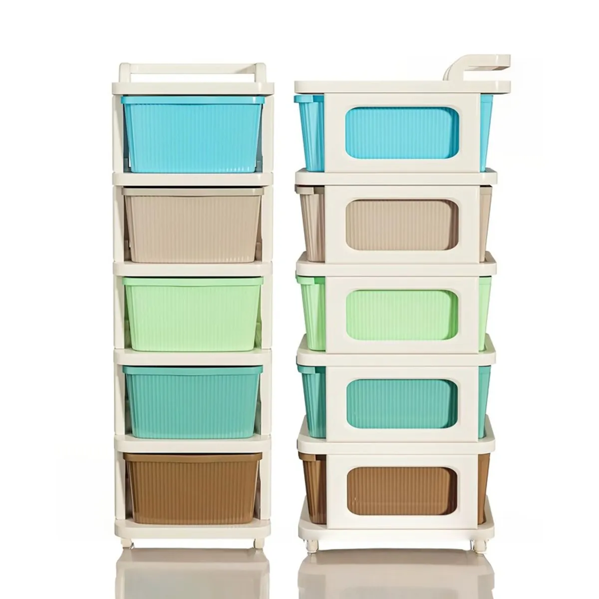 Front and side views of a white five-tier rack with colourful storage drawers