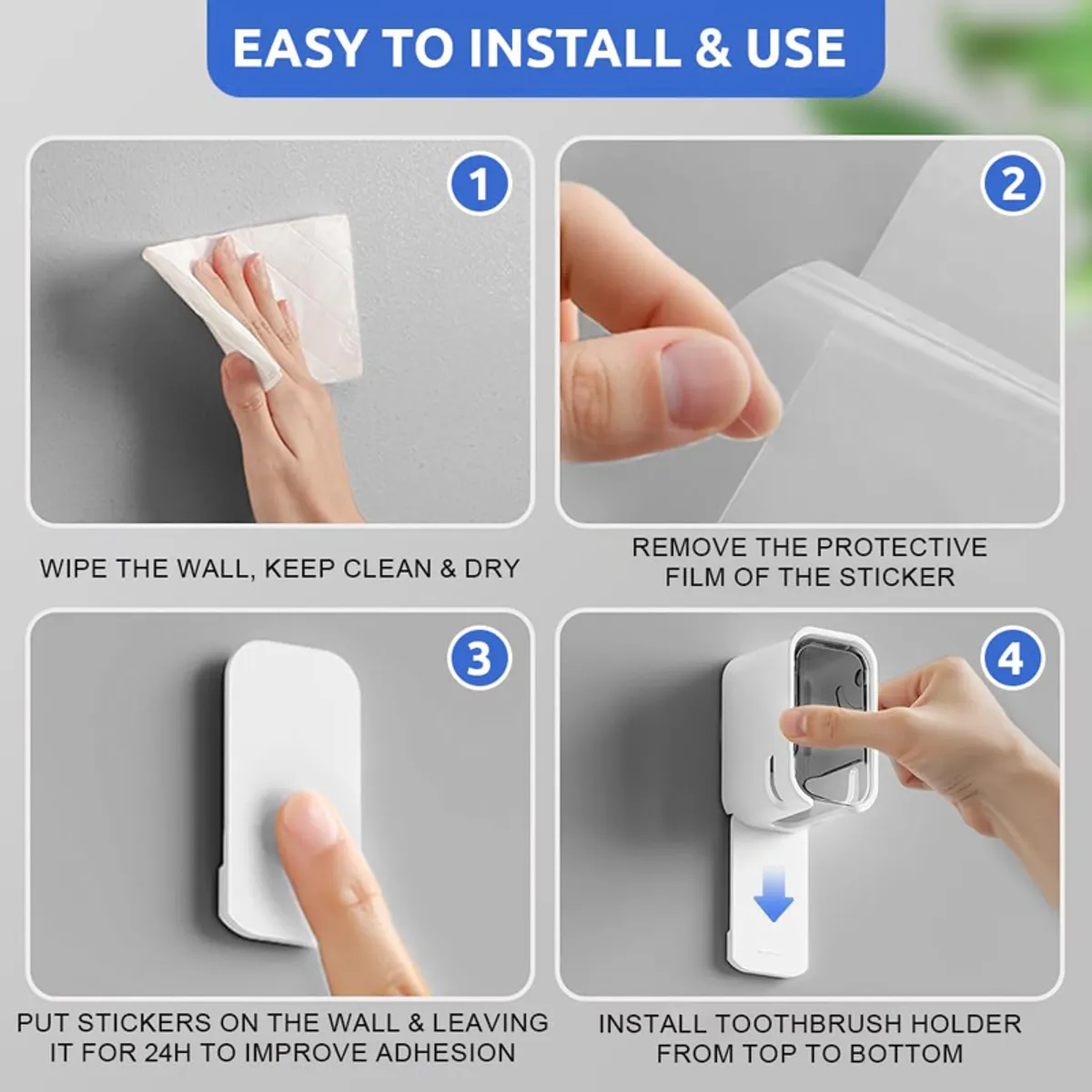 Four-step visual showing wall installation of the toothbrush holder