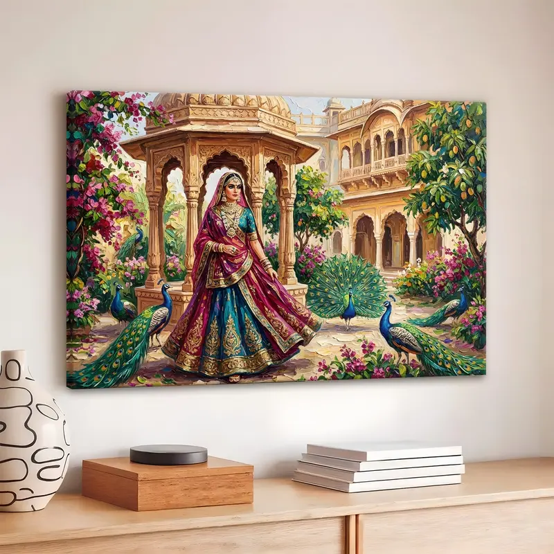 Rajput Princess with Peacocks Canvas Wall Painting
