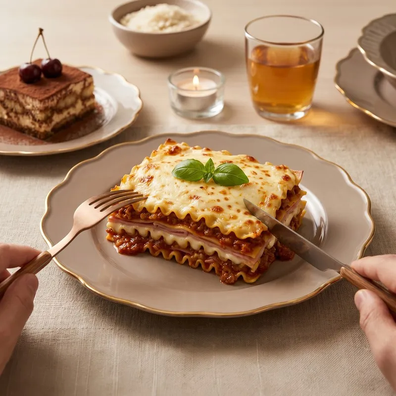 Scalloped thunder grey plate with gold rim holding lasagna on a dining table