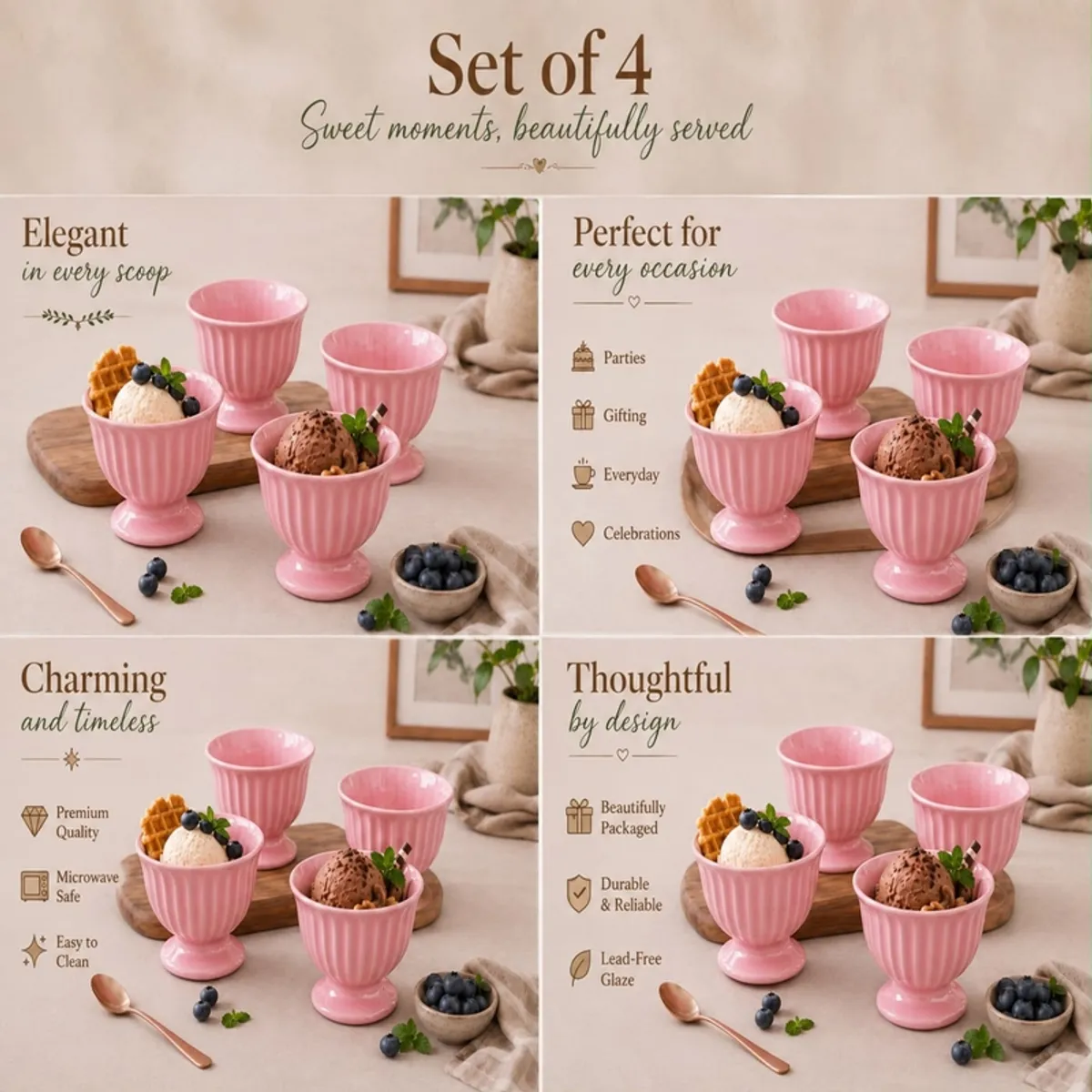 Four pink dessert cups arranged in a styled setting