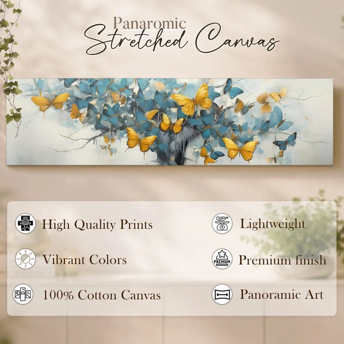 Close view of panoramic butterfly canvas art on a light wall with soft decor styling
