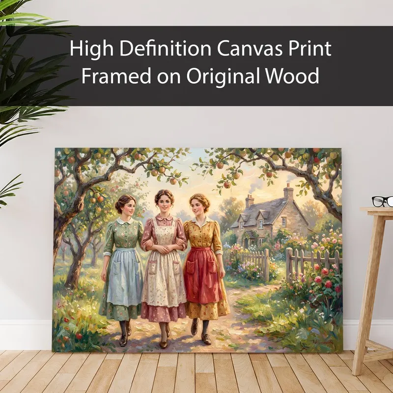 Canvas wall art featuring three women in a pastoral European garden setting