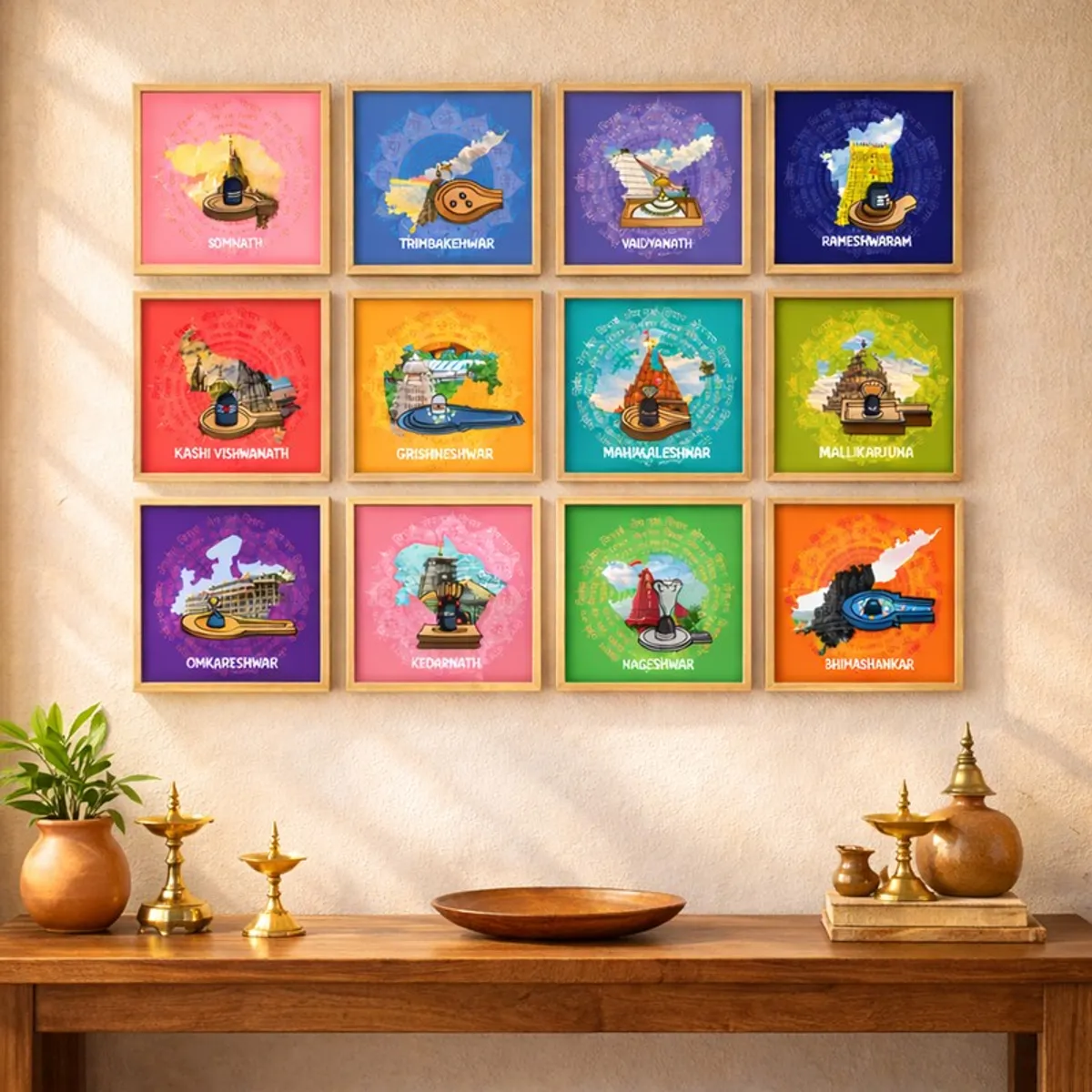 Twelve framed Jyotirlinga artworks displayed in three rows against a light wall