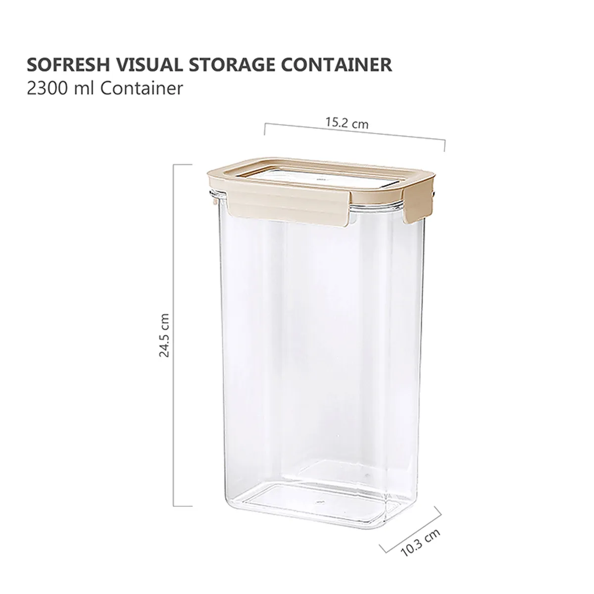 Clear 2300 mL storage container with beige lid shown with printed dimensions