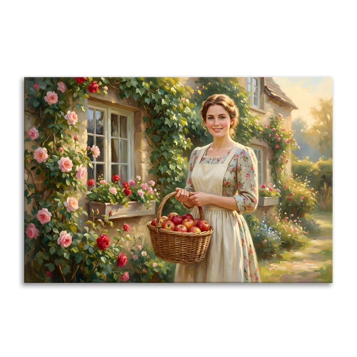 Rectangular canvas print of a cottage garden scene with a woman holding a basket of apples