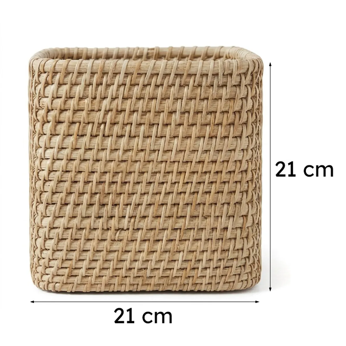 Front view of the square woven planter with dimensions shown