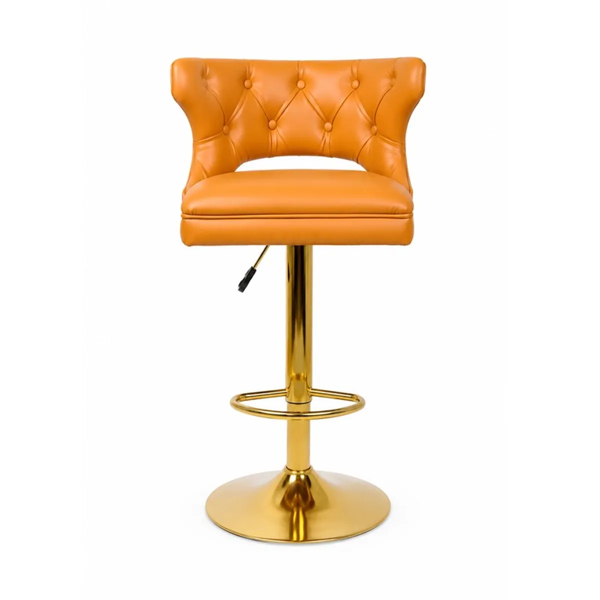 Front view of an orange tufted bar stool with a polished gold base