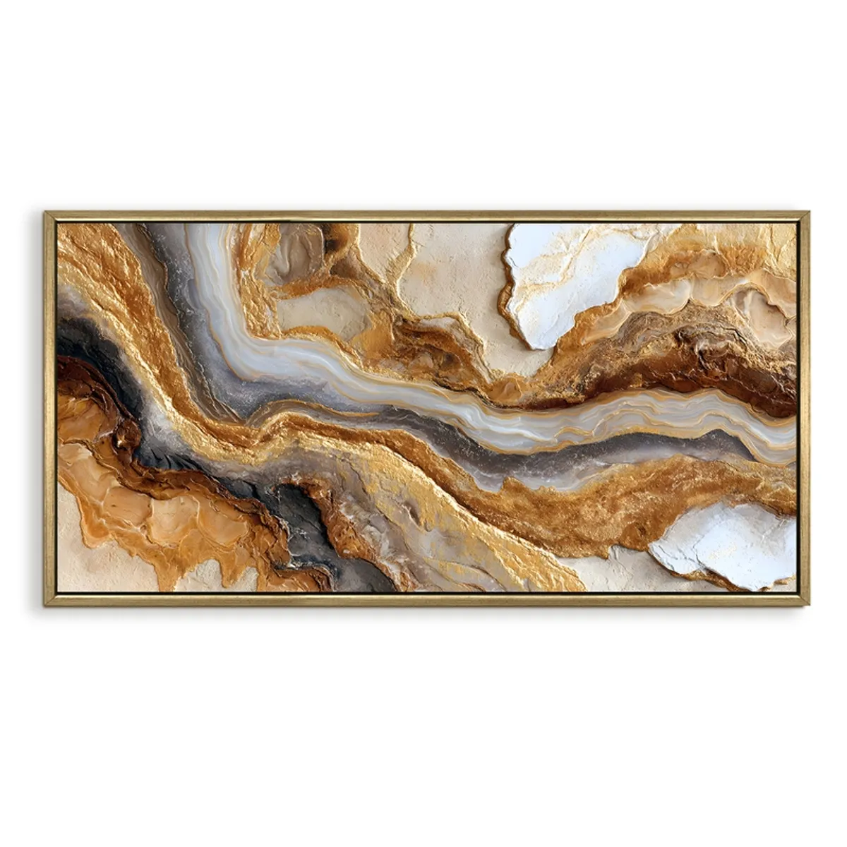 Rectangular framed abstract wall painting in flowing gold and earthy tones