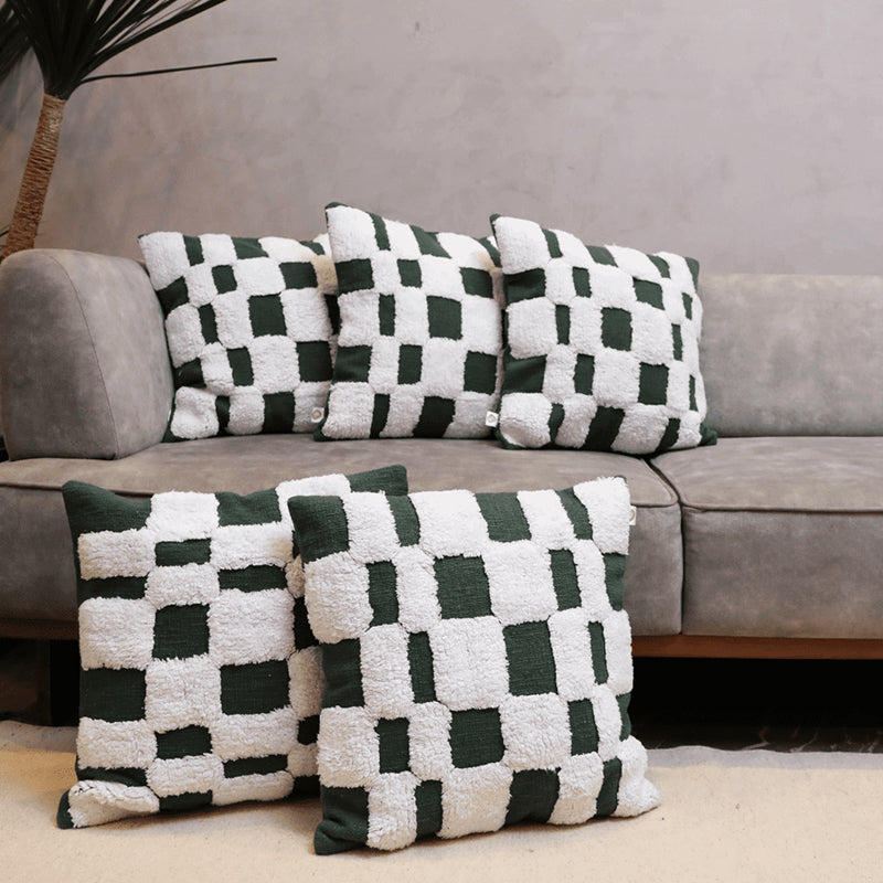 Cushy Checkers Tufted Cushion Cover (Black & White) - Set Of Five