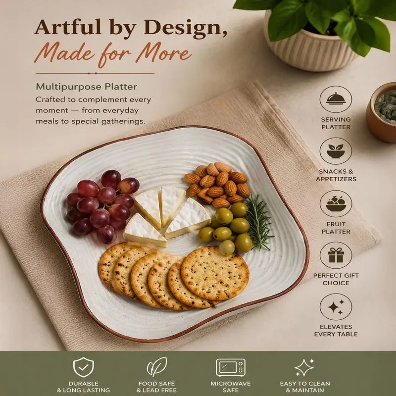 White free-form serving platter with fruit, cheese, almonds and crackers in a dining setting.