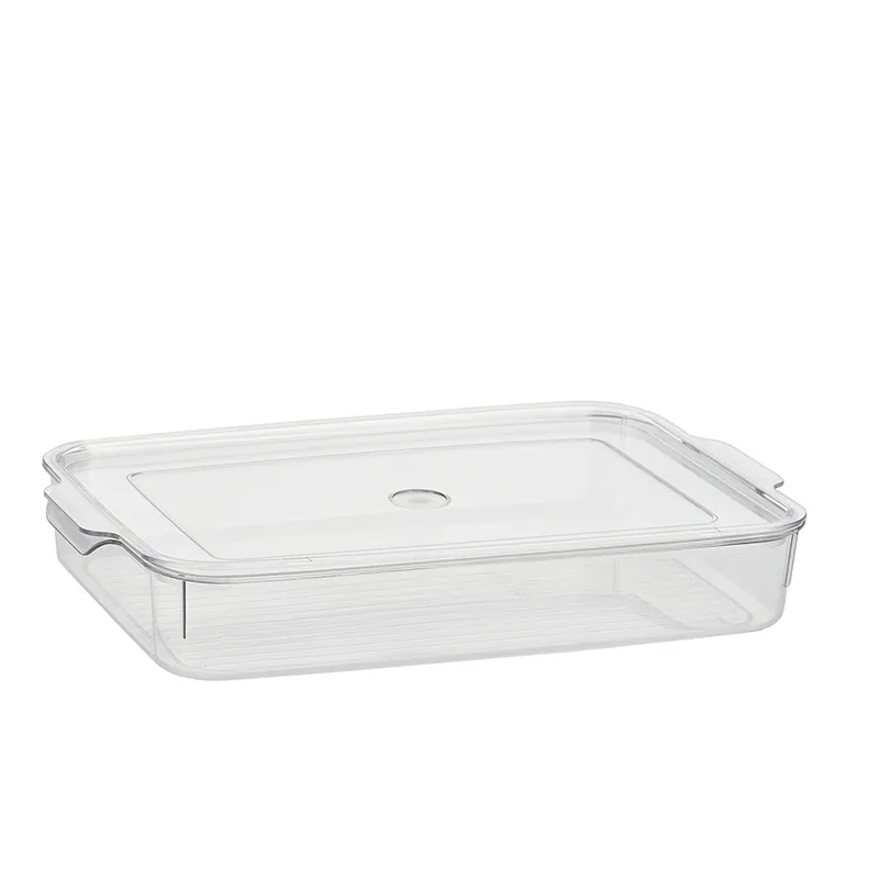 Empty clear rectangular fridge organiser shown on a white background