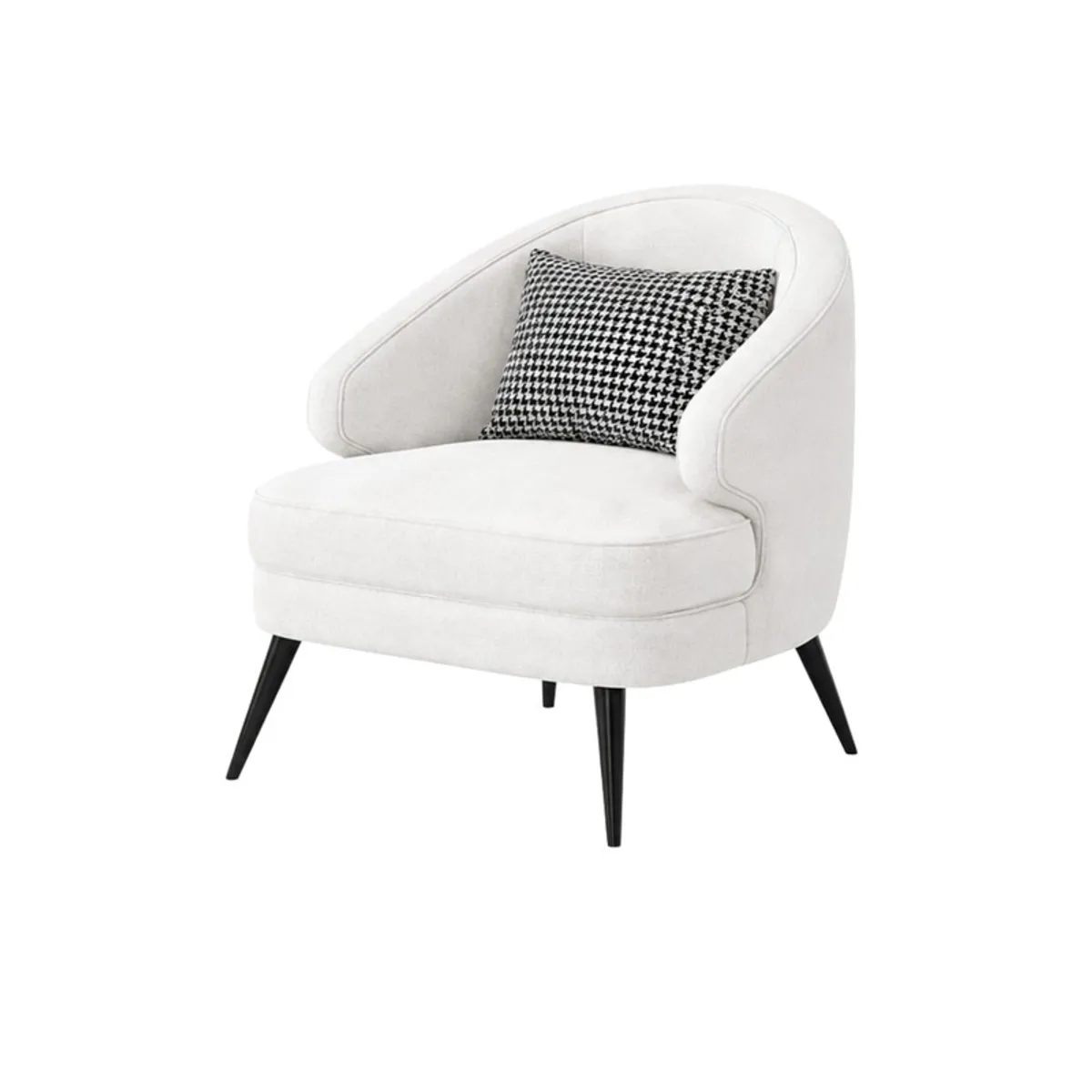 White accent chair shown from the opposite angle with curved arms and black legs