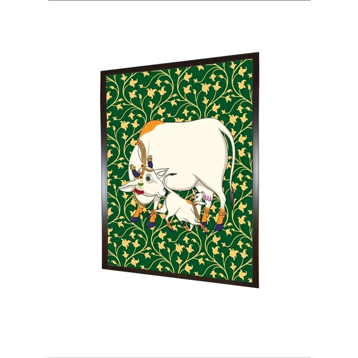Angled view of rectangular framed mother cow folk canvas wall painting