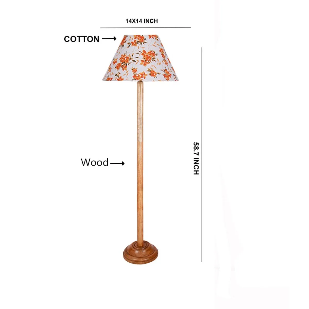 Product dimension graphic of the floral wooden floor lamp on a white background