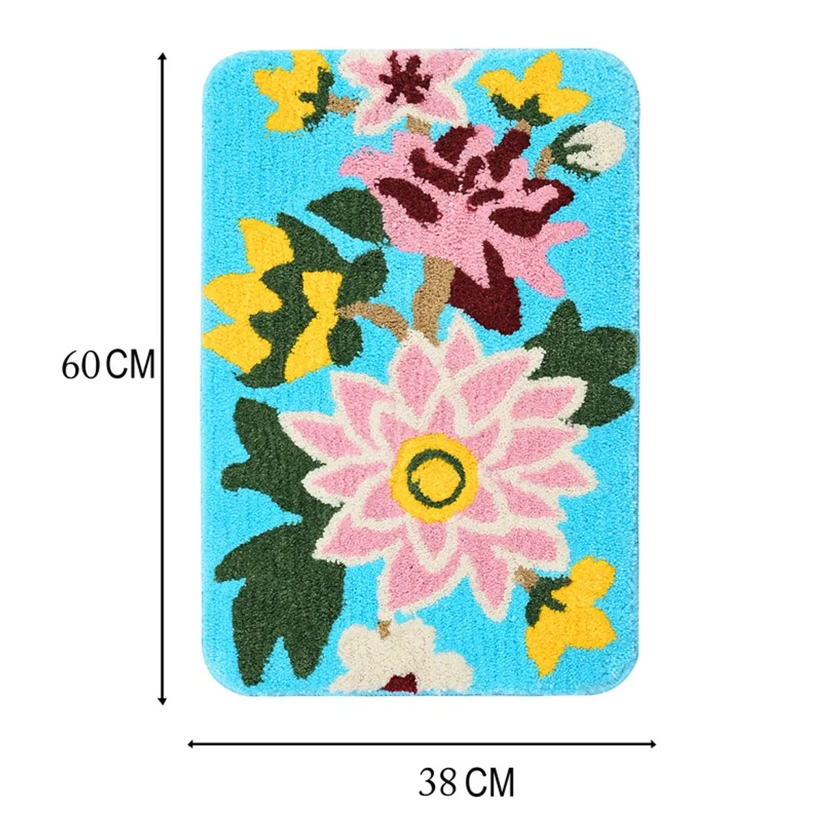 Floral rectangular bath mat with 38 x 60 cm size shown