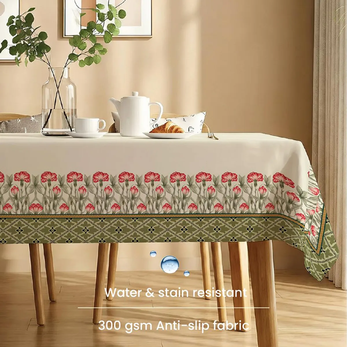 Side view of printed rectangular table cover on a dining table