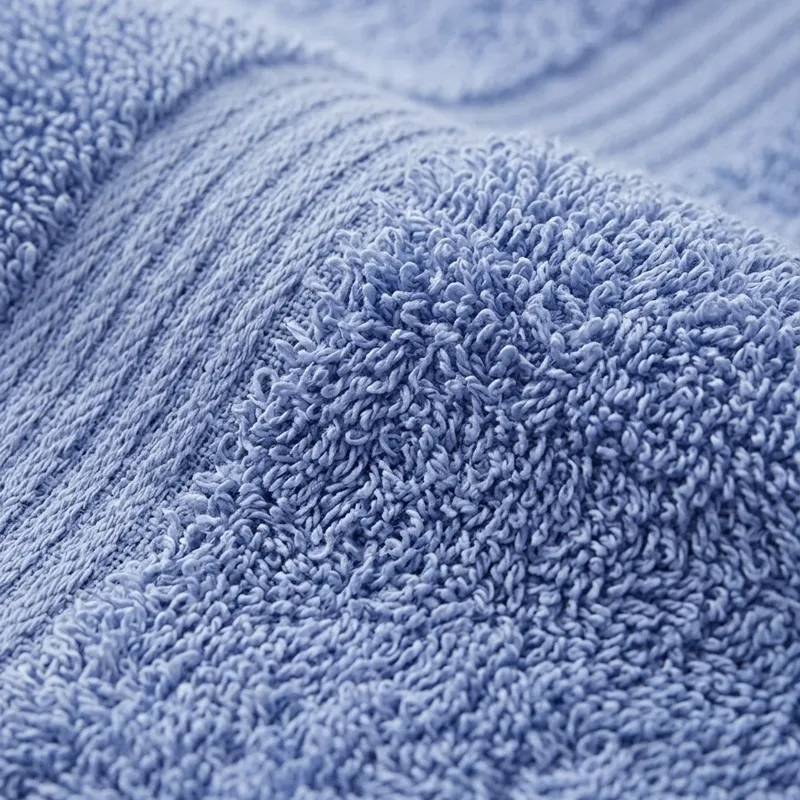 Close-up of the powder blue towel's plush textured cotton surface
