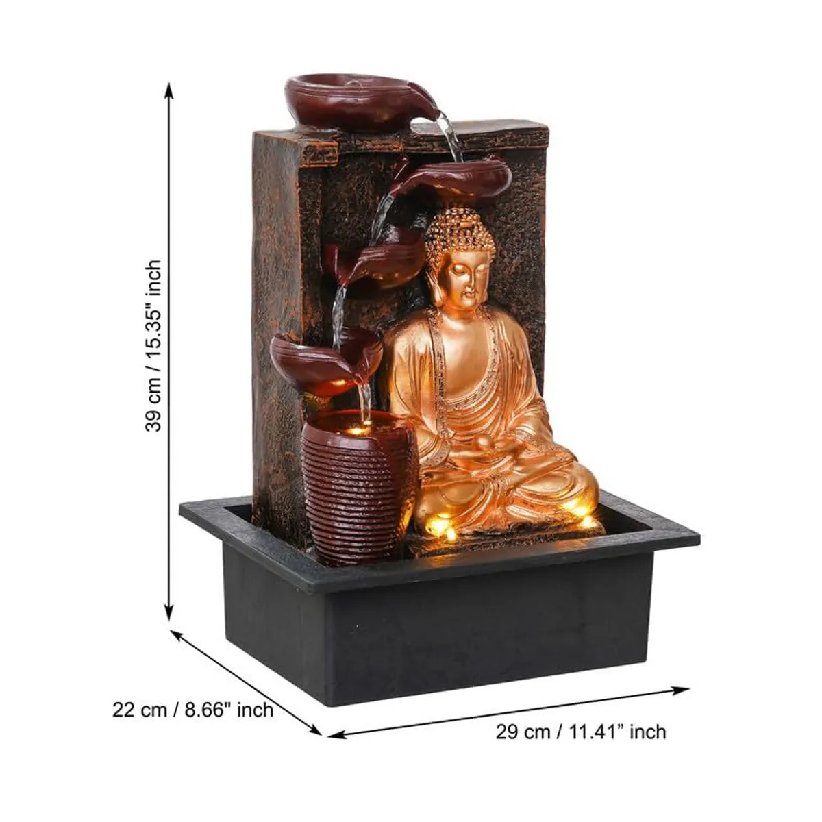 Angled view of Buddha fountain with size arrows shown in the image