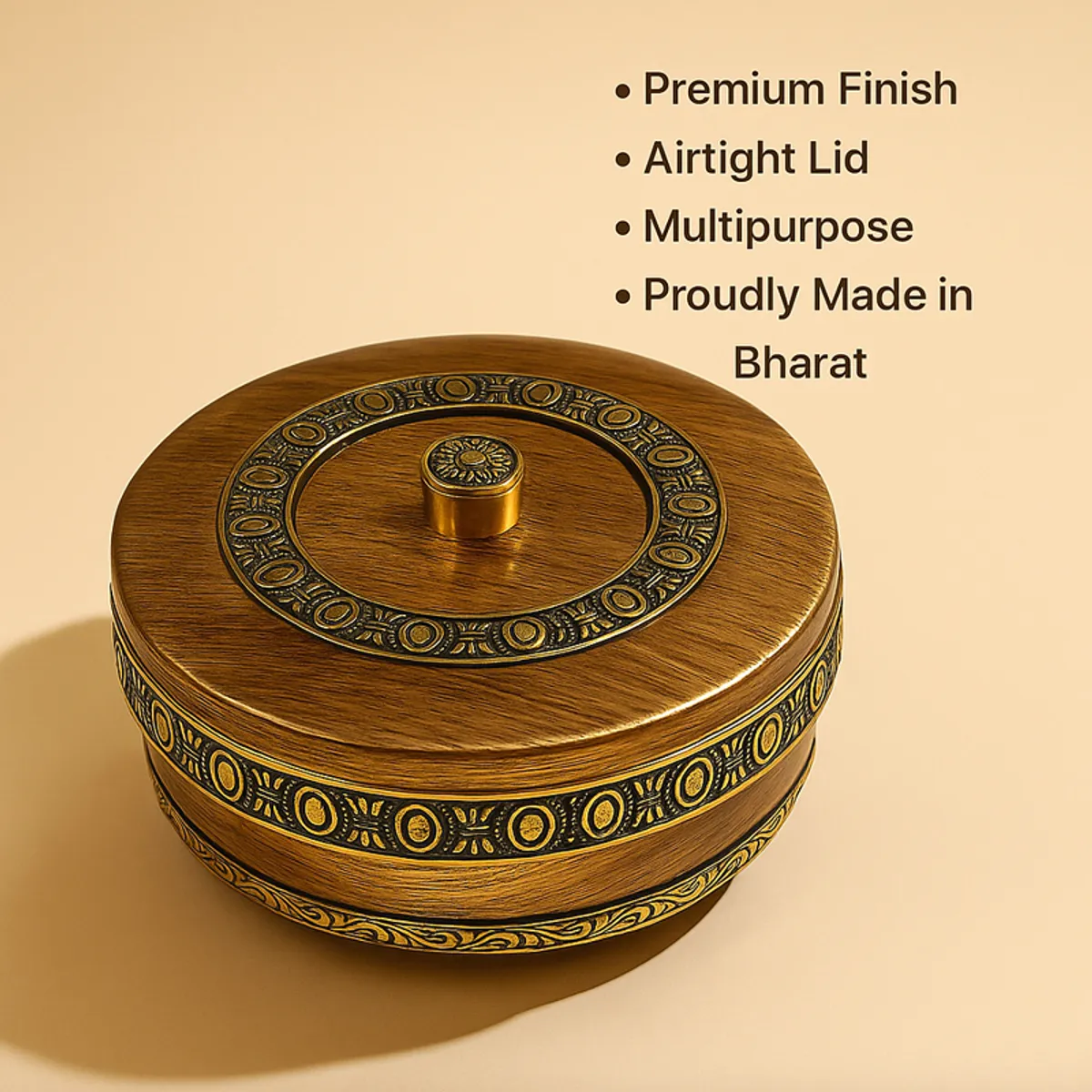 Closed brown and gold masala box displayed with ornate decorative detailing