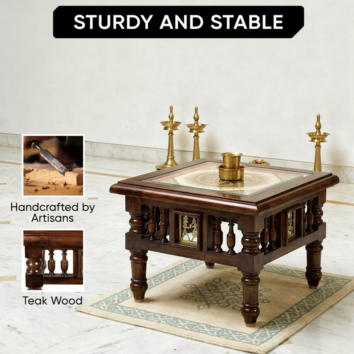 Square brown side table with patterned top and carved-style details on the sides