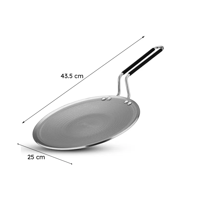 Silver roti tawa shown with arrows indicating its overall dimensions.