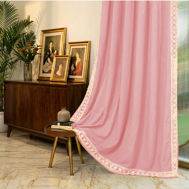 Dusty Aura Lace Edge Cotton Curtain - Pink - Door - 7 Feet