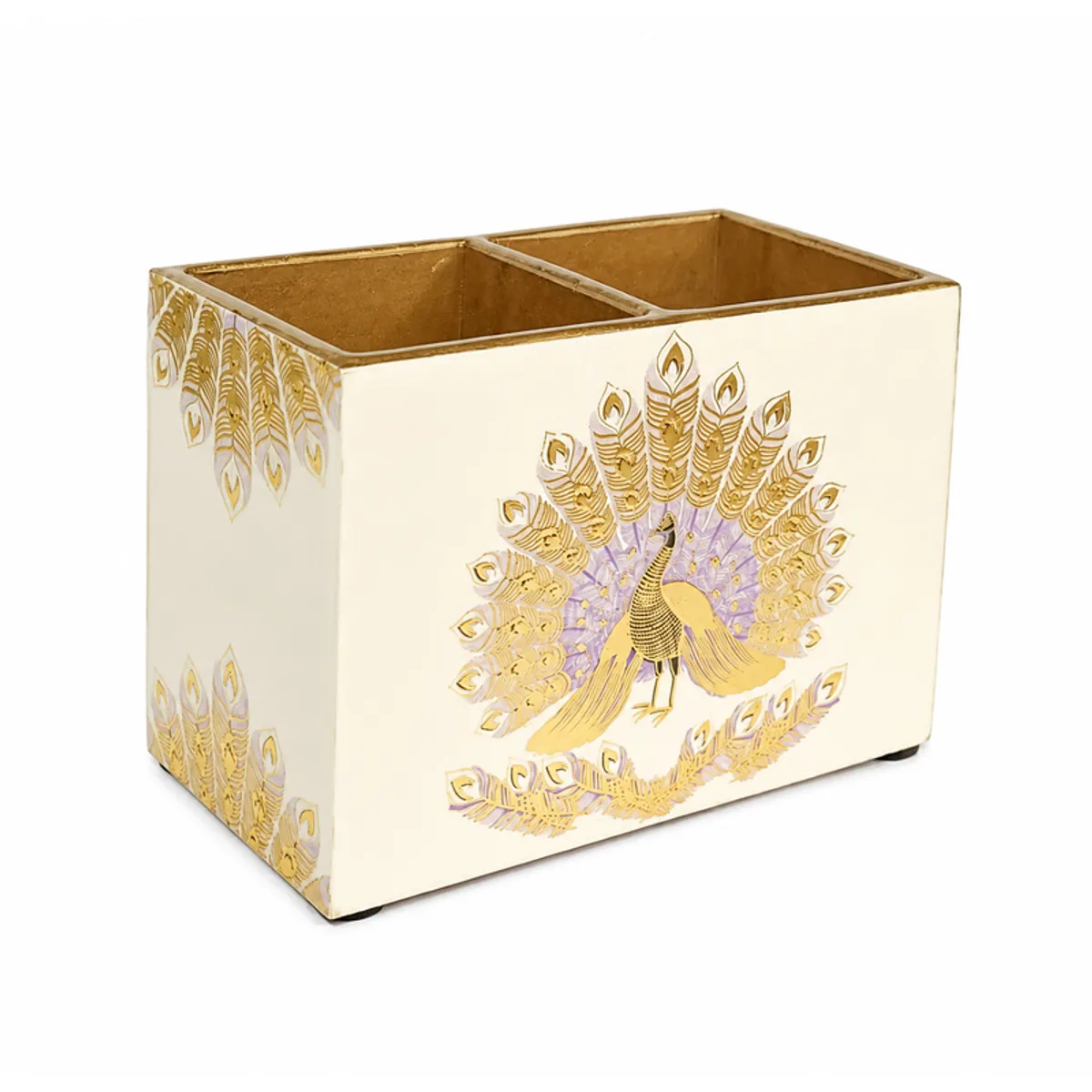 Empty rectangular peacock cutlery stand shown against a white background