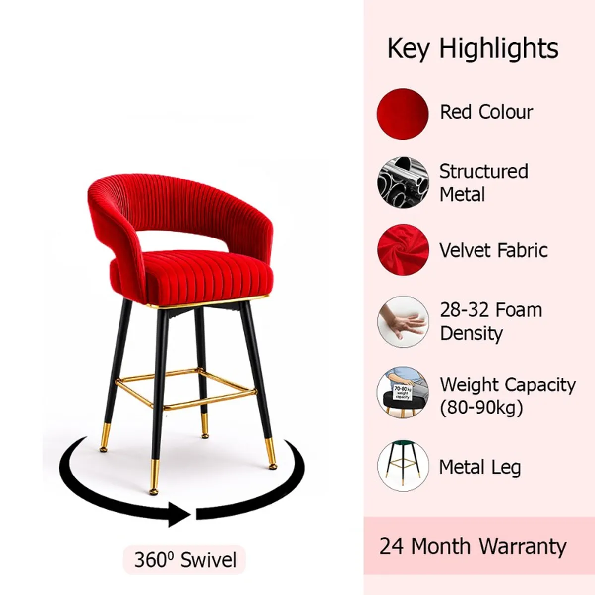 Red velvet bar stool with product highlights shown beside it
