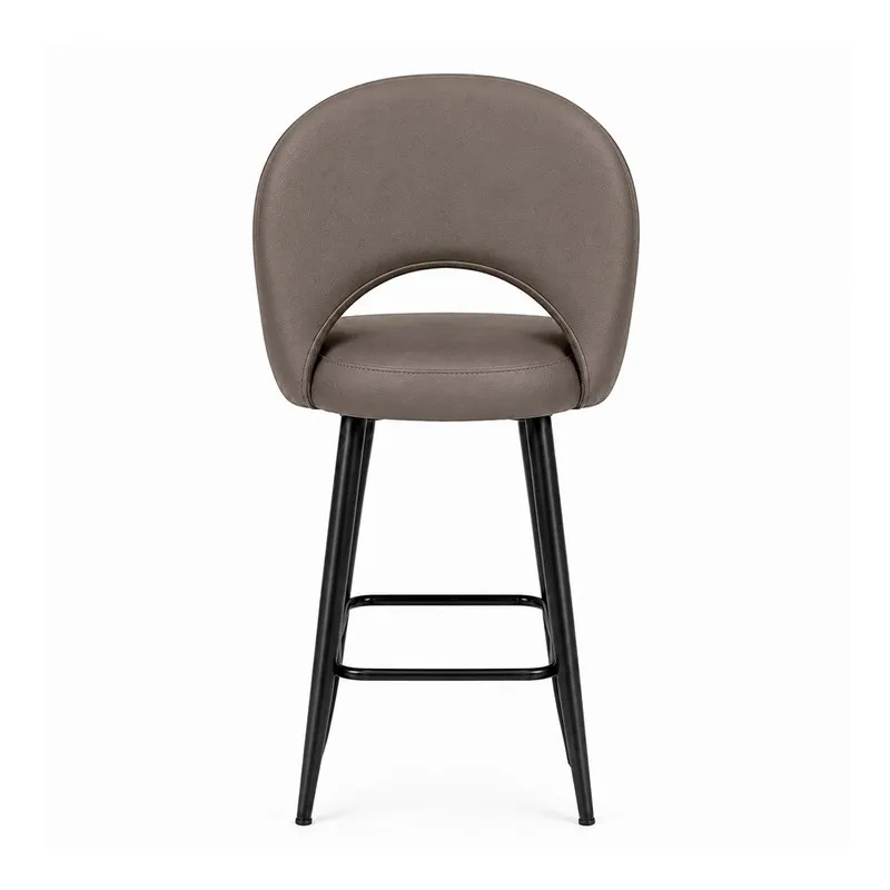 Back view of grey bar chair with curved back and black metal legs