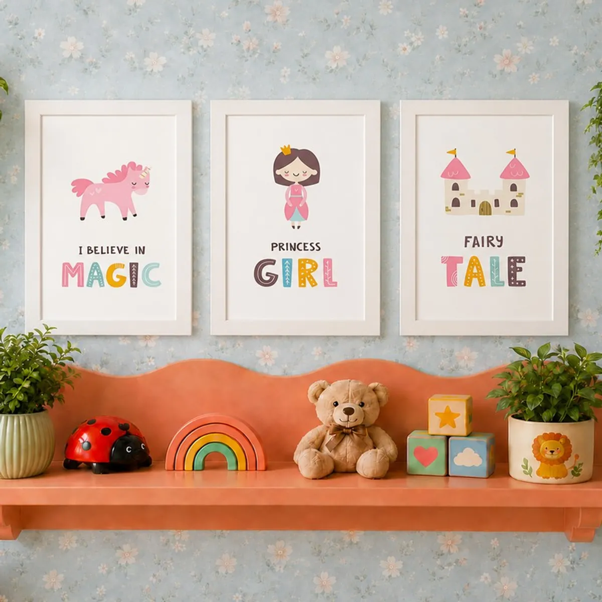 Three framed princess and fairy tale prints styled above a shelf