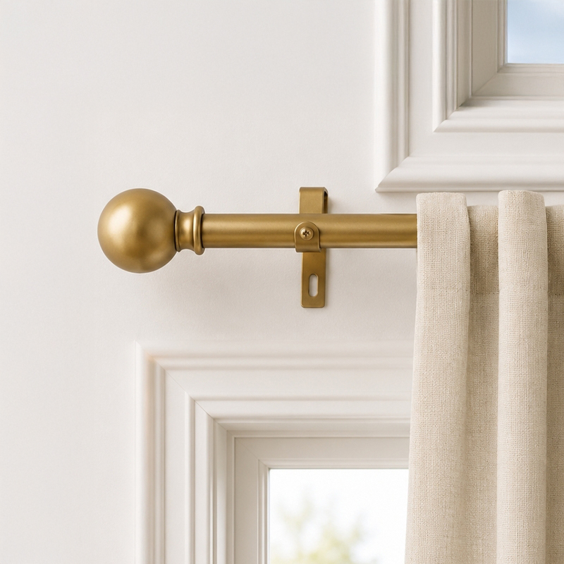 Orbetta Extendable 1" Single Curtain Rod With Round Finial & Brackets (Gold)