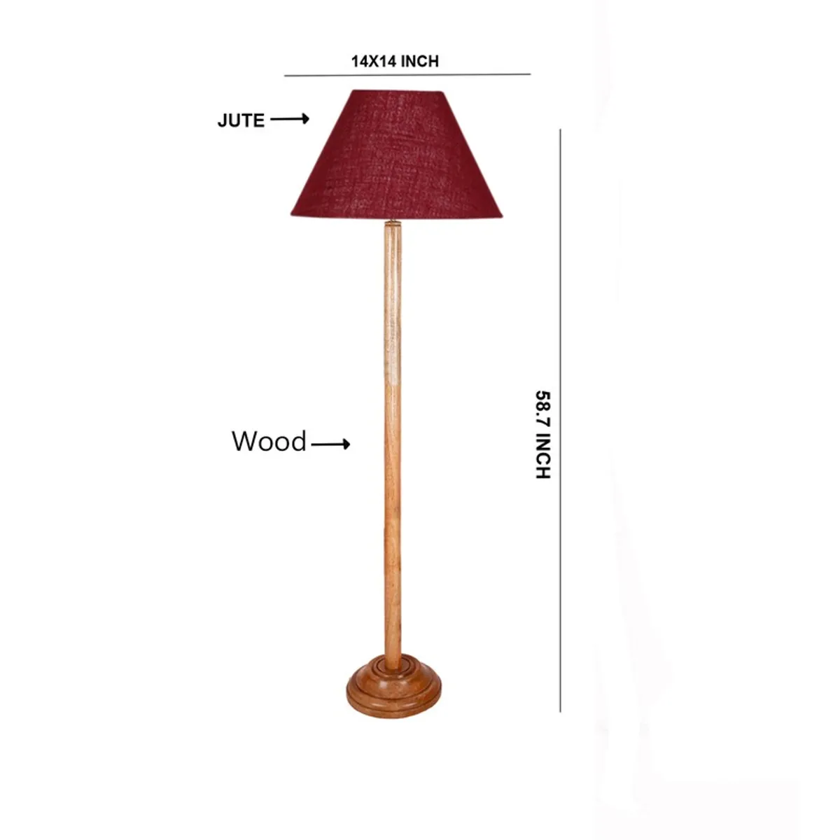 Dimension graphic of the burgundy jute wooden floor lamp on a white background
