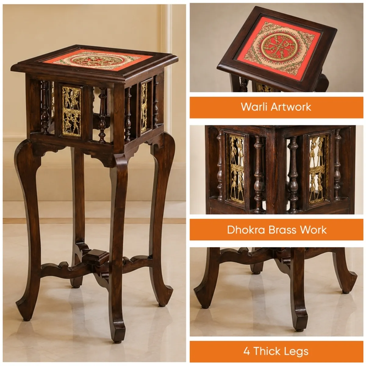 Side table detail showing decorative tabletop artwork and brass-toned side panels.