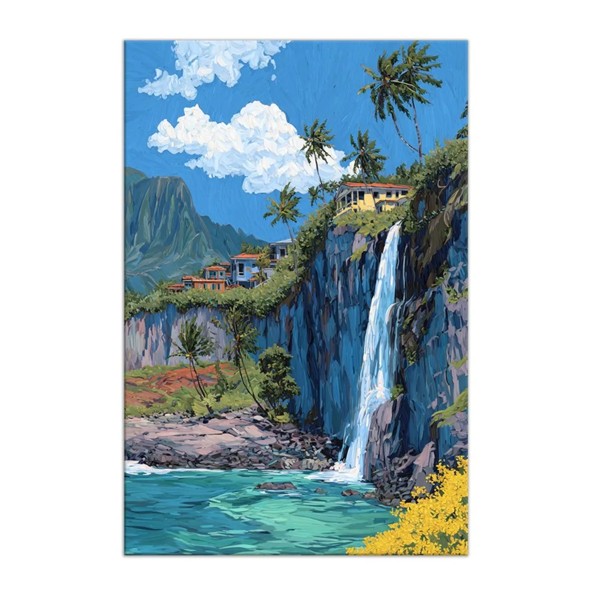 Rectangular canvas wall painting with waterfall, palm trees and blue water