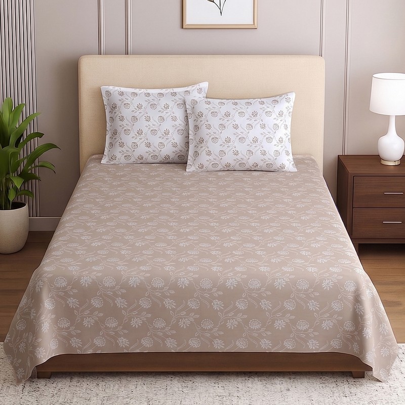 Virelle Cotton Bedsheet - Beige,White - Single