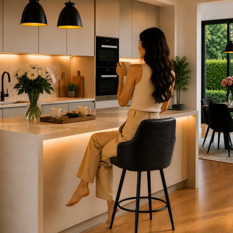 Person seated on a black bar chair at a kitchen island