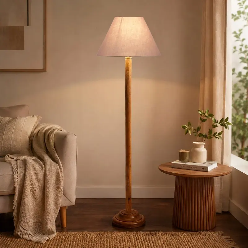 Sandstone Beige Cotton Wooden Floor Lamp