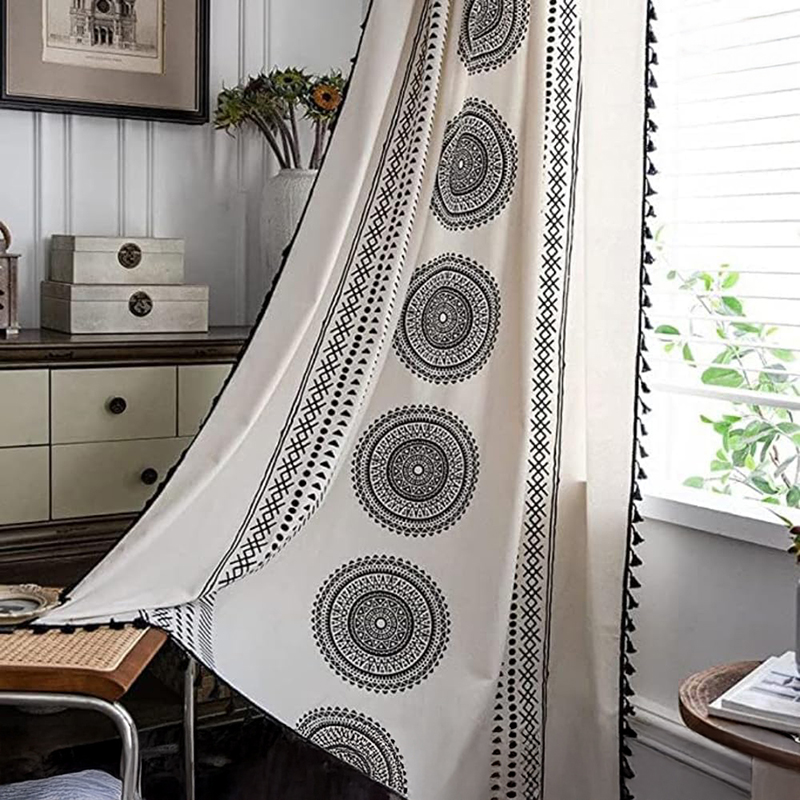 Trellis Black Tasseled Cotton Curtain - Door - 8 Feet