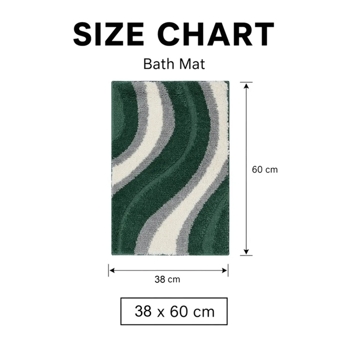 Size chart showing the green bath mat measuring 38 x 60 cm