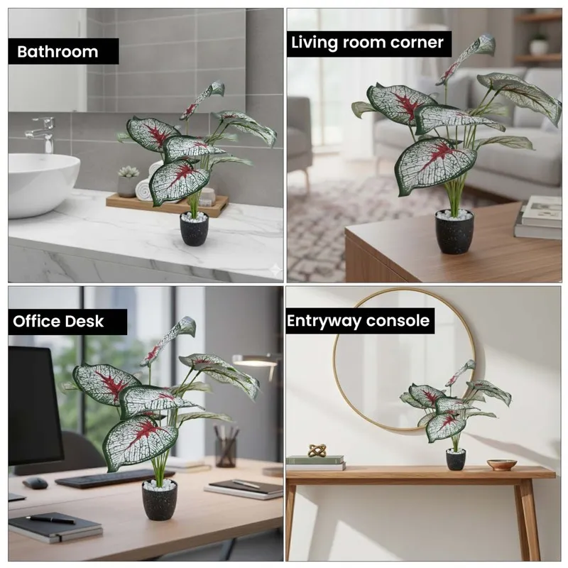Artificial plant shown on a bathroom counter and living room console