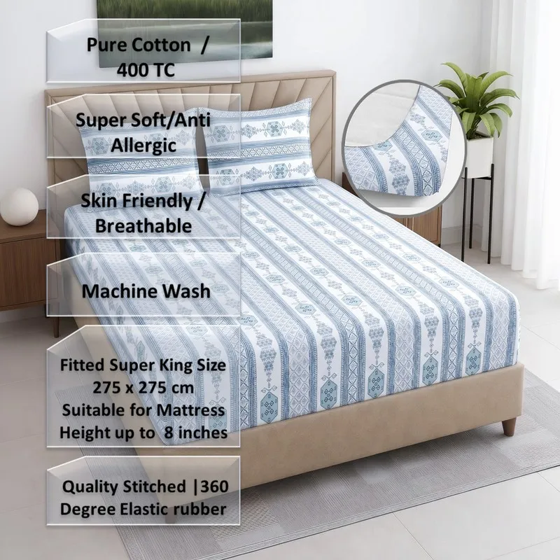 Blue and white fitted bedsheet displayed on a bed with corner inset