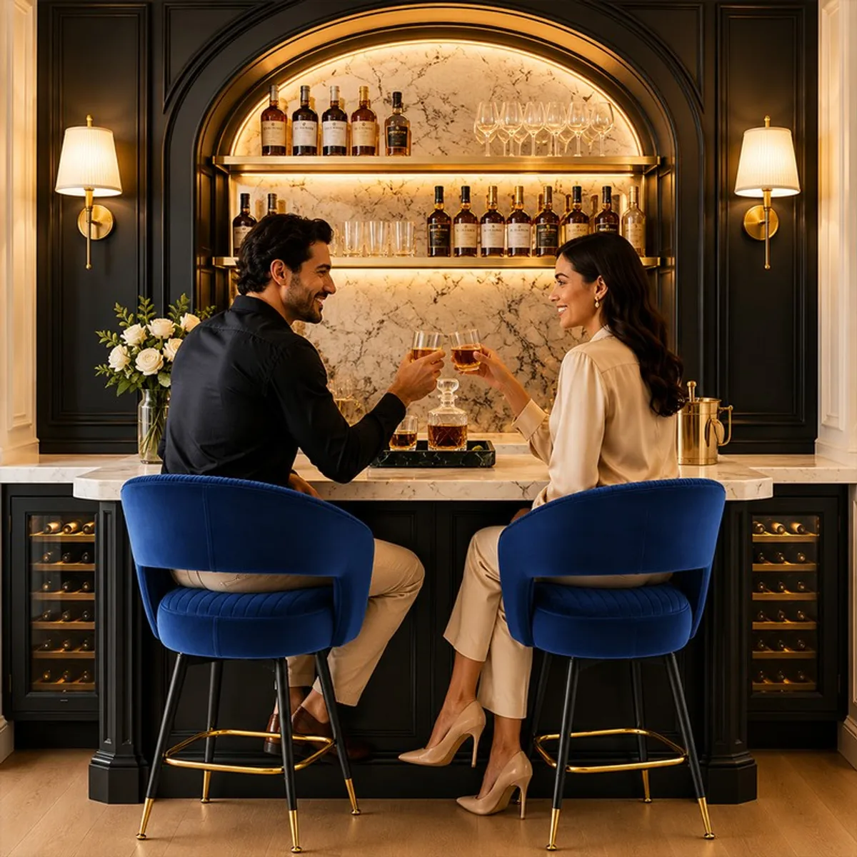 Two blue velvet bar stools styled at a sophisticated home bar.