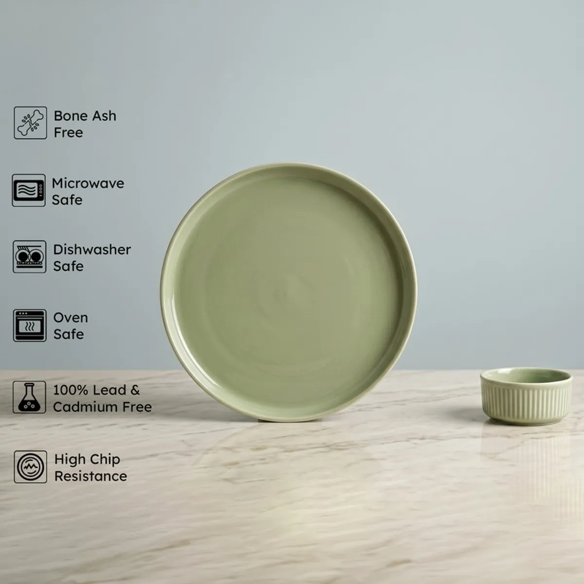 Sage green plate and bowl from the porcelain dinner set