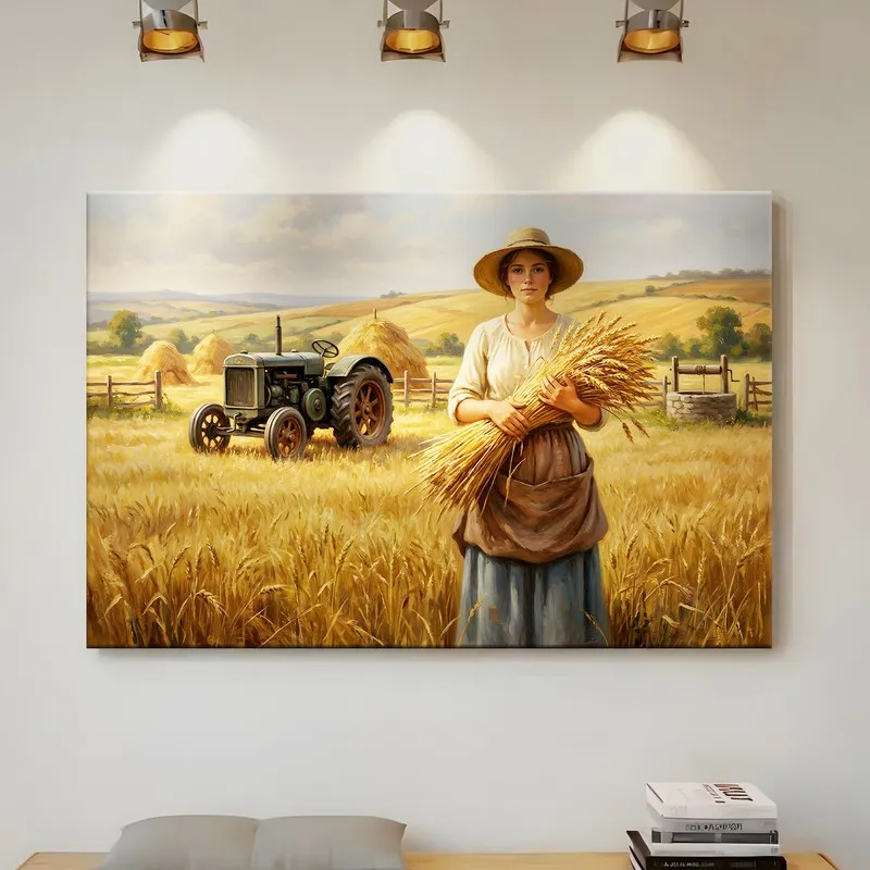 Large canvas painting of a harvest scene displayed under warm wall spotlights.