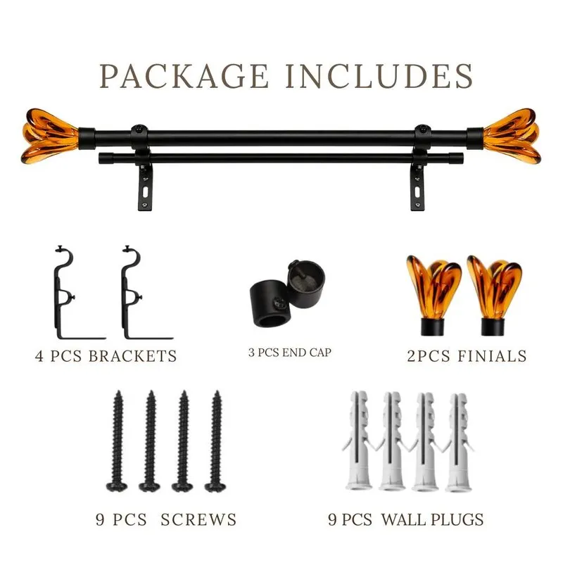 Curtain rod, brackets, finials, screws and wall plugs arranged as included components
