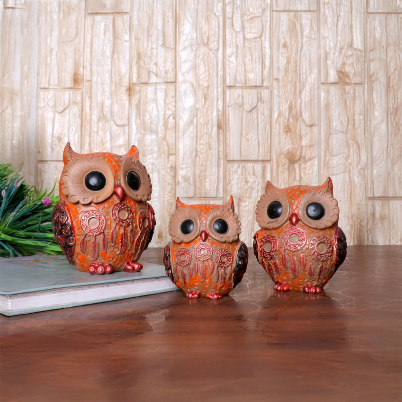 Wise Old Owl Showpiece (Rust) - Set of Three